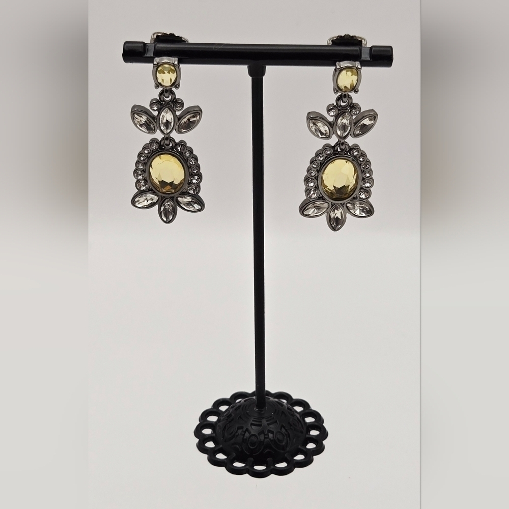 Lia Sophia Yellow Crystal Rhinestone Drop Earrings Silver Tone Statement